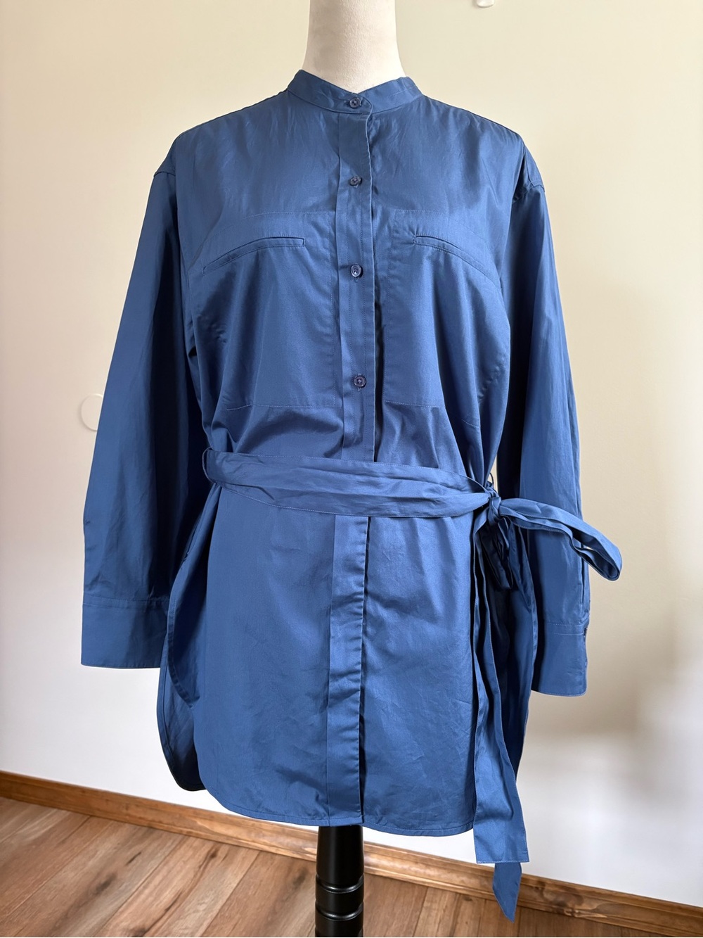 NWT Vince Belted Oversized Tunic Shirt Cotton Long Sleeves Pacific Blue Medium